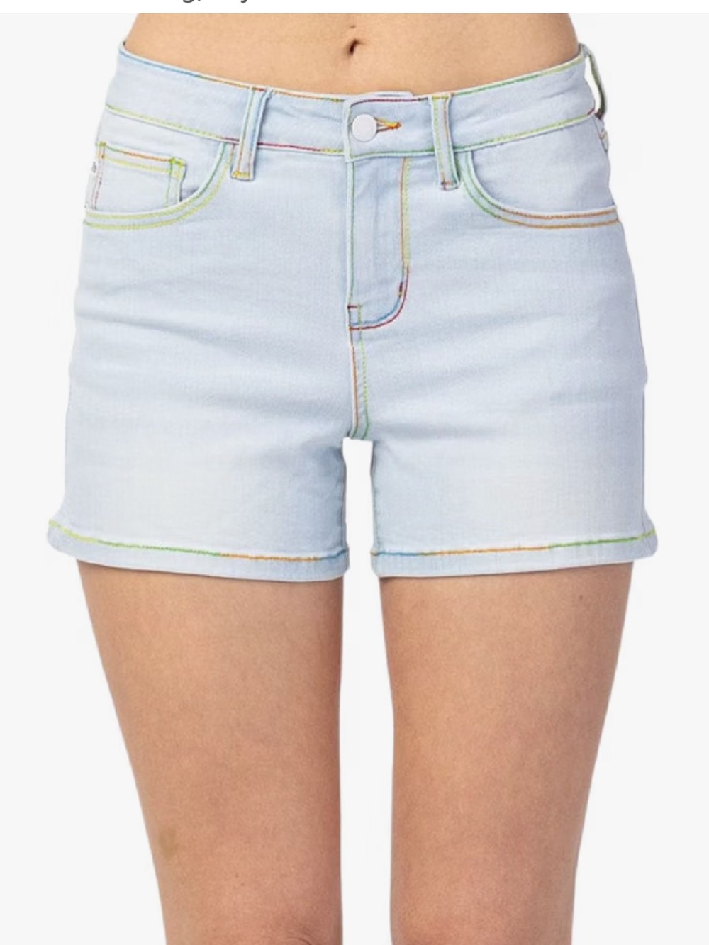JUDY BLUE rainbow thread hem mid rise short in light blue denim jean size S cute